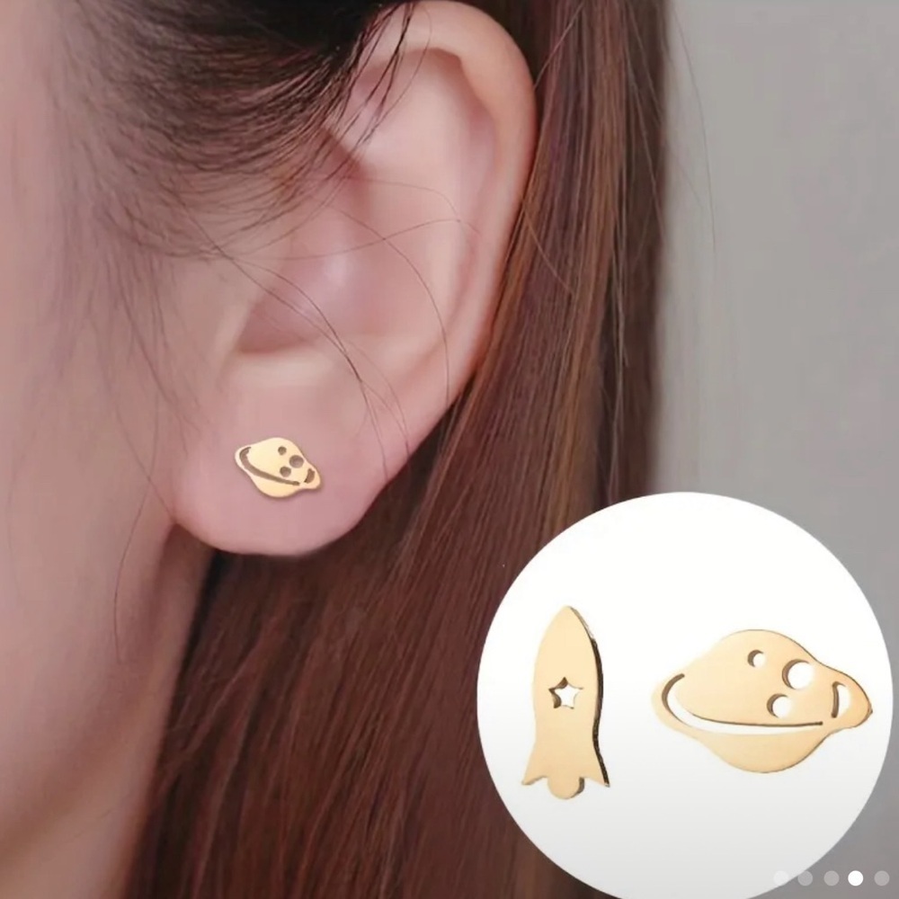 Rose Gold Planet and Rocket stainless steel Stud Earrings